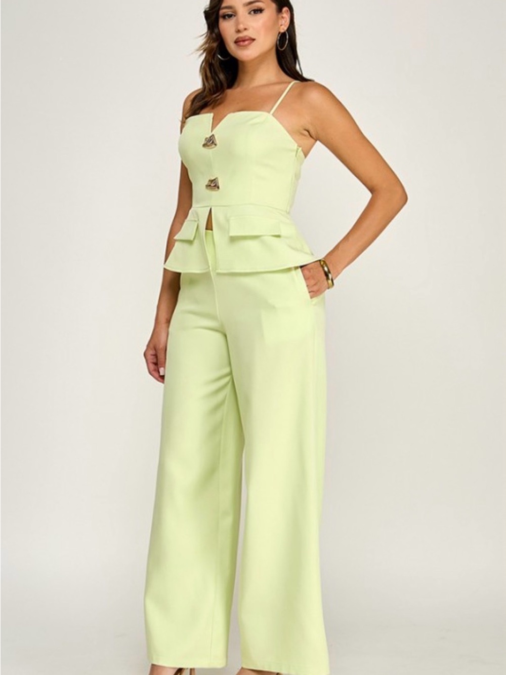 Hot girl office Suit set. Sleeveless Peplum Top and wide leg pant  in Light Lime